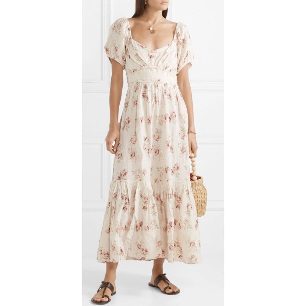 LoveShackFancy Angie Cream and Pink Floral Puff Sleeve Midi Dress